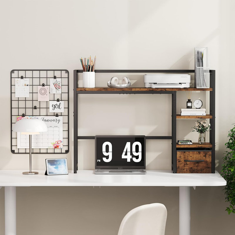 Desk Shelf with Drawer, 40" Desk Hutch for Computer Monitor,Black, Brown