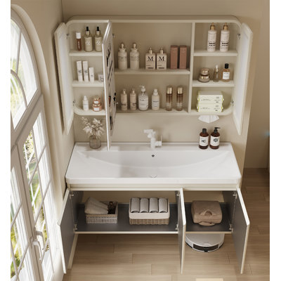 Meuble-lavabo en acier inoxydable de style crème au fini blanc avec lavabo en céramique