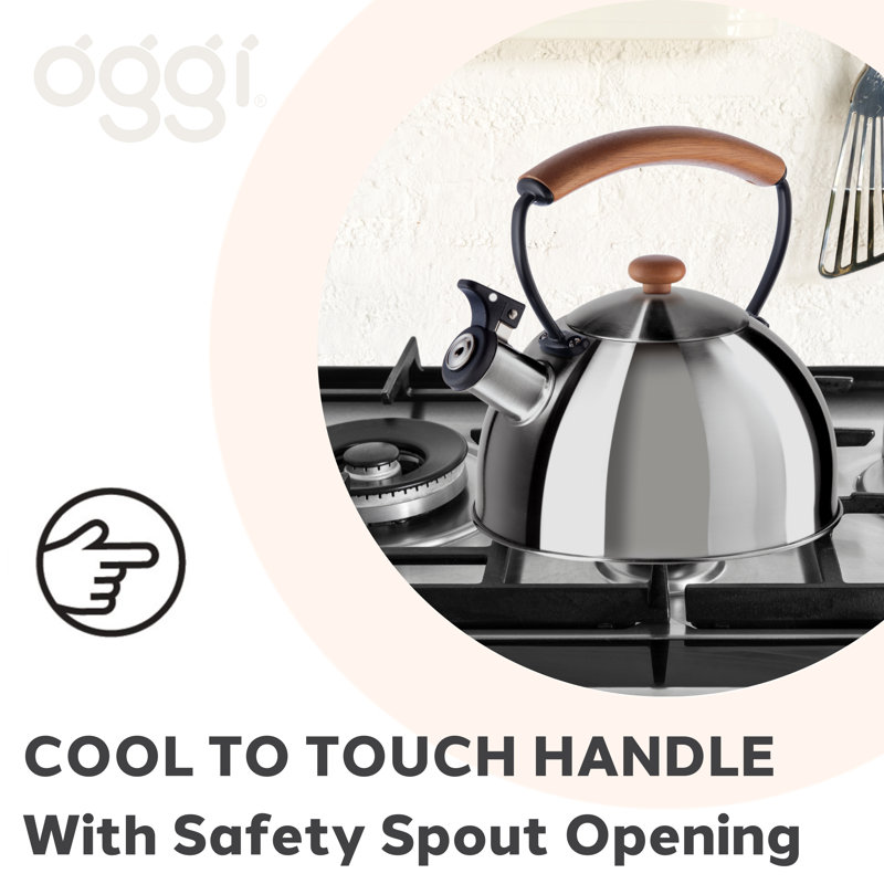 Silver Stainless Steel Whistling Tea Kettle with Wood Handle, 2.5 Liters