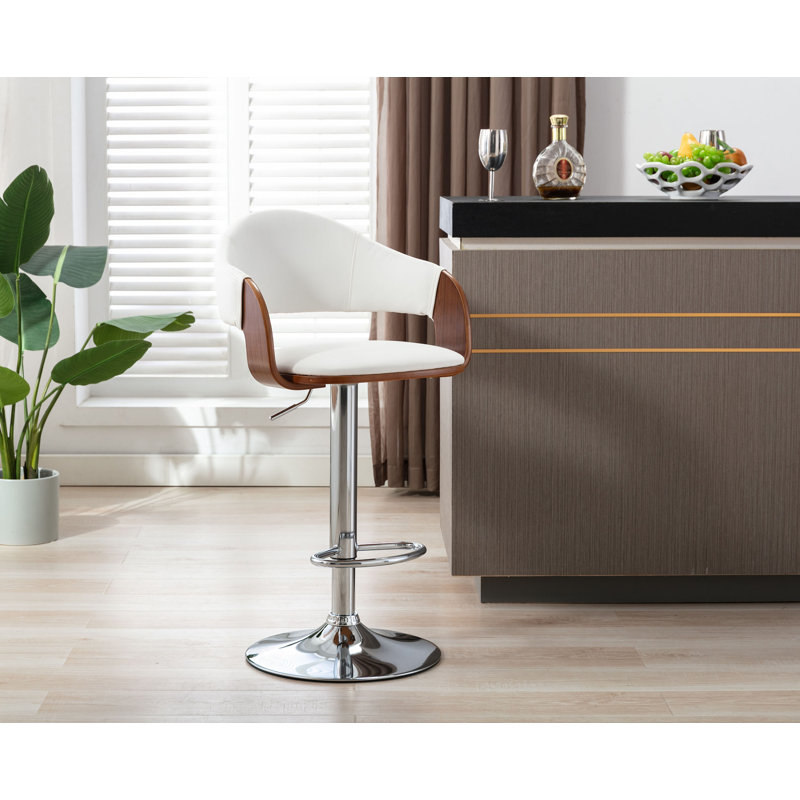 Claireville Height Adjustable Swivel Faux Leather Mid-Century Bar Stool, White
