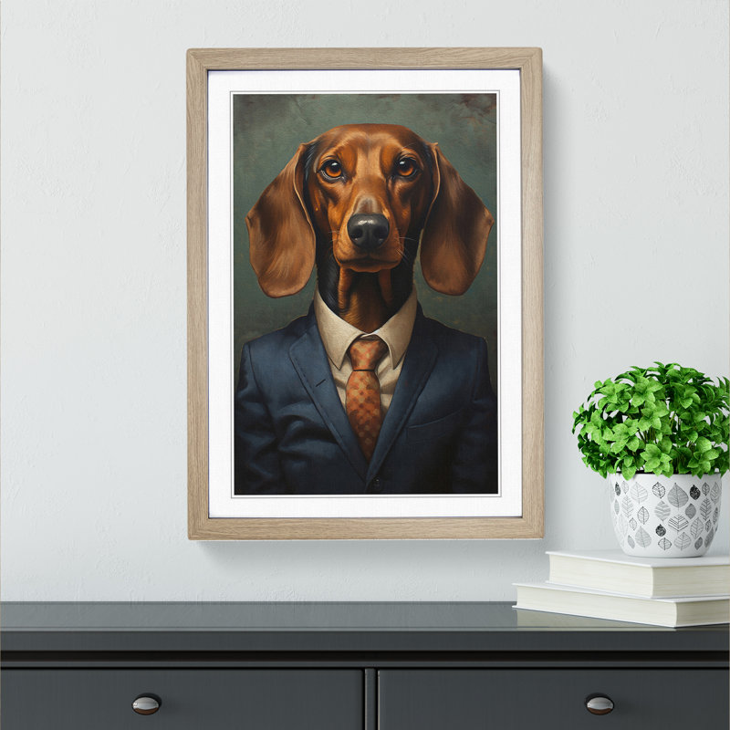 Dachshund In A Suit Painting Framed Print, 46cm H x 34cm W x 2cm D, Oak