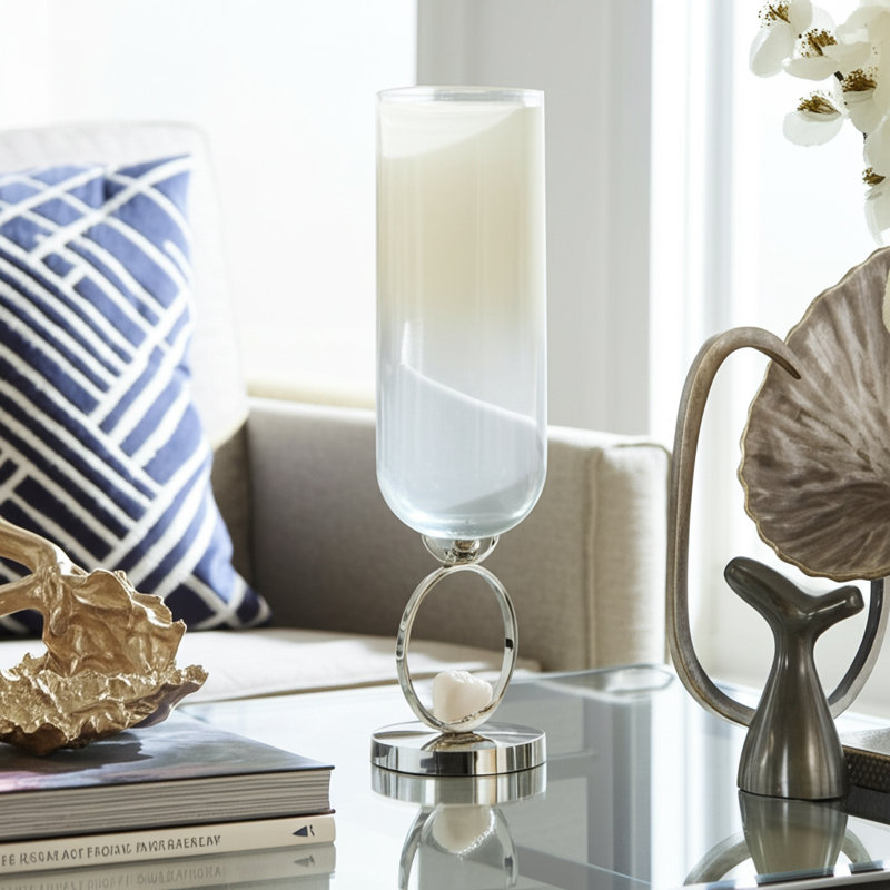 Decorative Glass Vase with Metal Stone and Aluminum Base Featuring Modern Circular Accent Design, 21" H x 6" W x 6" D