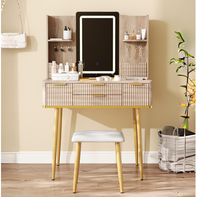 4-Drawer Vanity Desk With LED Mirror & Carved Details, Fluted Makeup Table With Metal Legs And PU Stool, Carved Dressing Table With Jewelry Storage For Bedroom