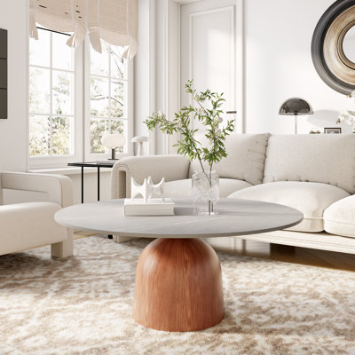 Meranda Round Stone Coffee Table With Walnut Solid Wood Pedestal For Living Room & Home Decor