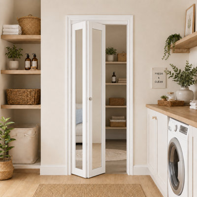 1 Lite White Mirror and Solid Core Manufactured Wood Bi-fold Closet Doors With Installation Hardware Kit(closet-pantry door)