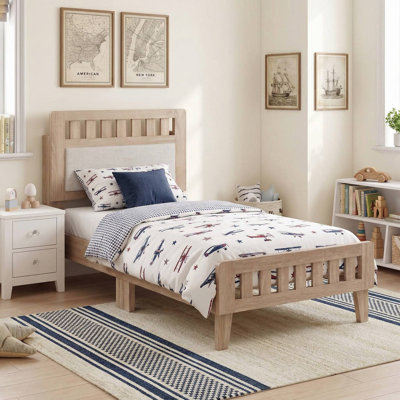 Twin Size Mid-Century Solid Wood Platform Bed Frame, Padded Soft Upholstered Headboard & Noise-Free Slat Support, No Box Spring Needed