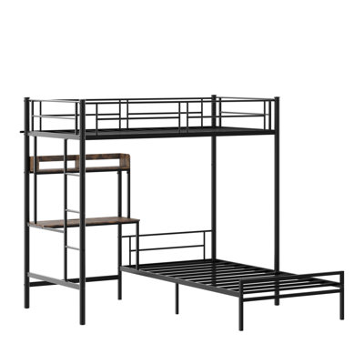 L Shaped Metal Bunk Bed Twin Over Twin with Desk Charging Station Storage Shelves Bookcase Safety Guardrail Ladder Black for Teen Bedroom Dorm