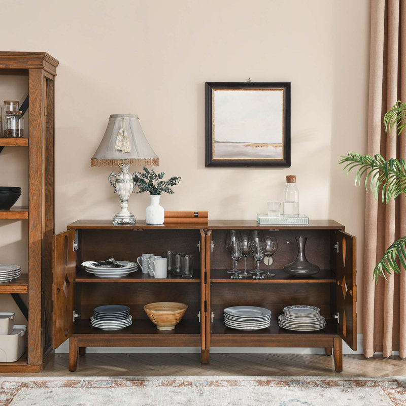 Wood Console Table with   4 Doors, Adjustable Shelves, Walnut