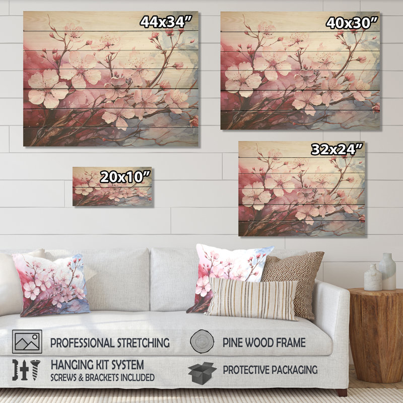 «Pink Blossom Cheery Tree Wind I - Cerisier sur bois», H 34 po x l 44 po x P 0,78 po