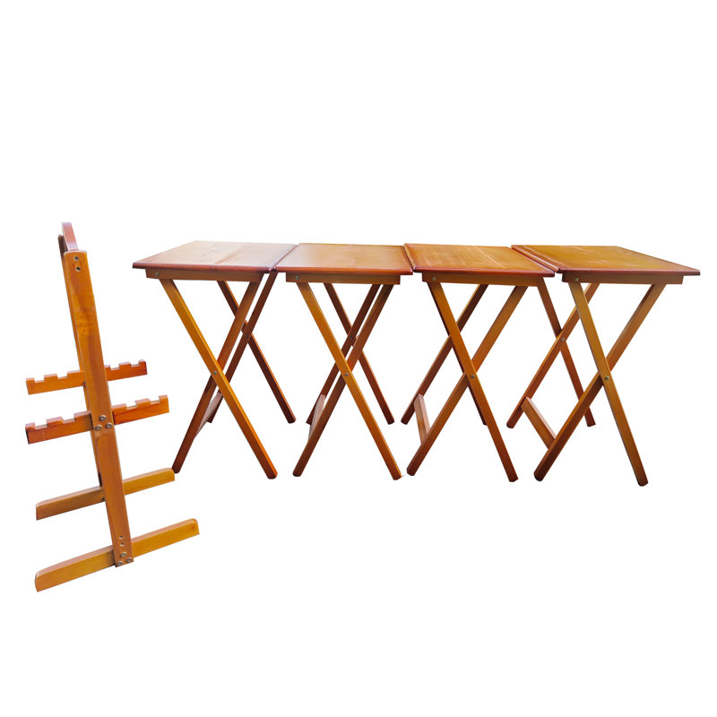 Plateaux en bois massif et support de rangement, finition miel, idéal pour le salon de 4 tables avec rangement, bois, pratique