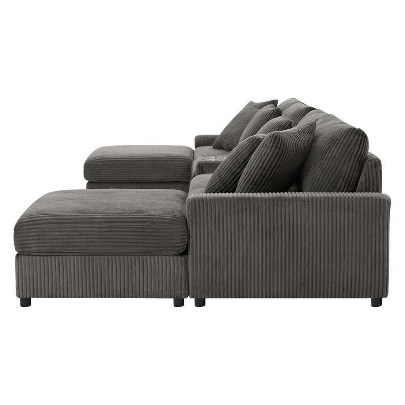 Canapé modulaire 144 * 64 po en velours côtelé avec haut-parleurs Bluetooth, canapé en U avec console, chargeur USB, porte-gobelets, rangement, repose-pieds, canapé à sièges profonds et larges pour salon et appartement