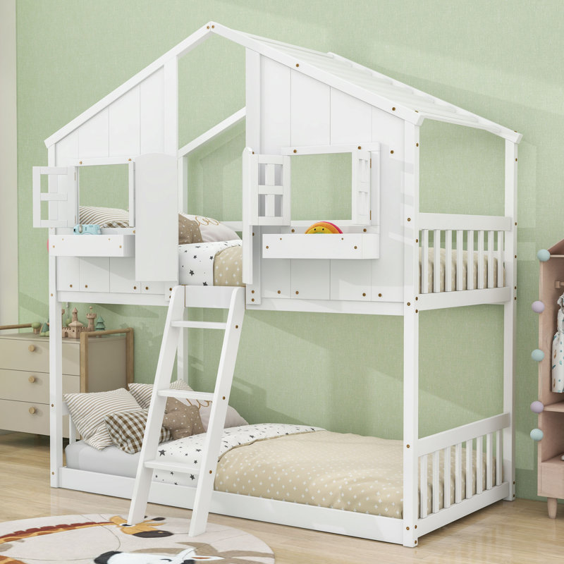 Lit superposé simple au dessus d'un lit simple avec toit et fenêtres, Blanc