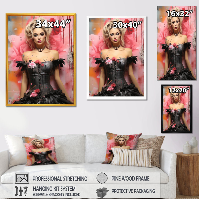 Poupée sensuelle noire et rose II, Cadre flottant noir, H 32 po x l 24 po x P 1 po