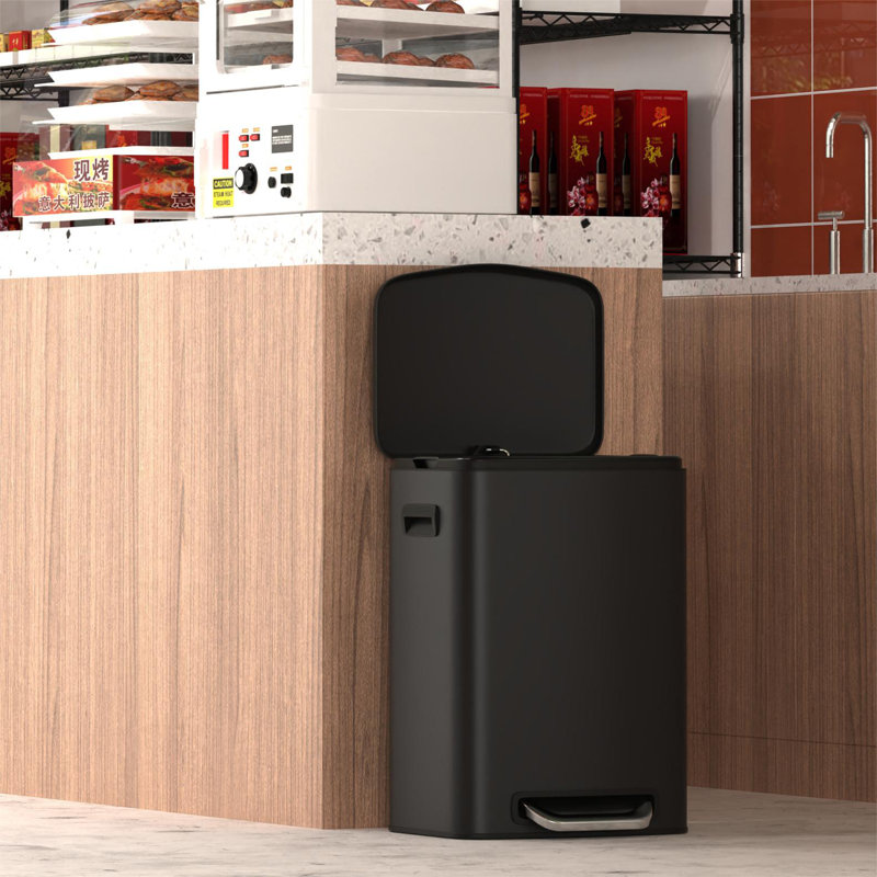 13-Gallon Stainless Steel Step On Trash Can Kitchen Soft Close Garbage Bin With 30 Garbage Bags, Black