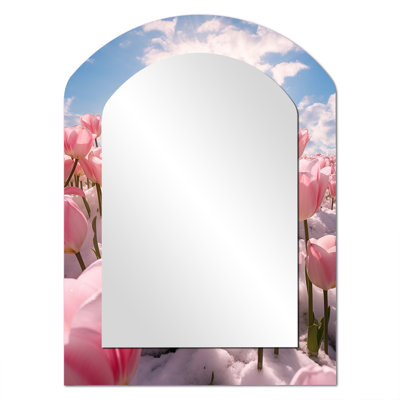 «Pink Tulip Snow Sunny Landscape II», tulipes décoratives uniques, miroir en miroir