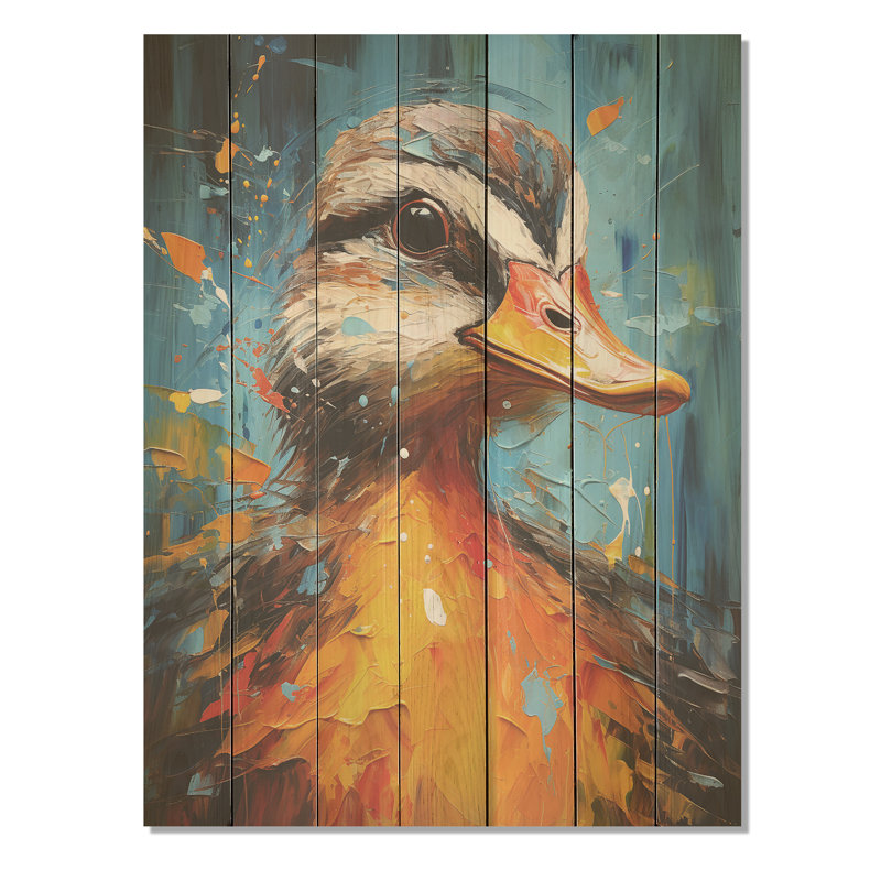 Portrait de canard bleu et jaune I - animal canard sur bois, H 20 po x l 10 po