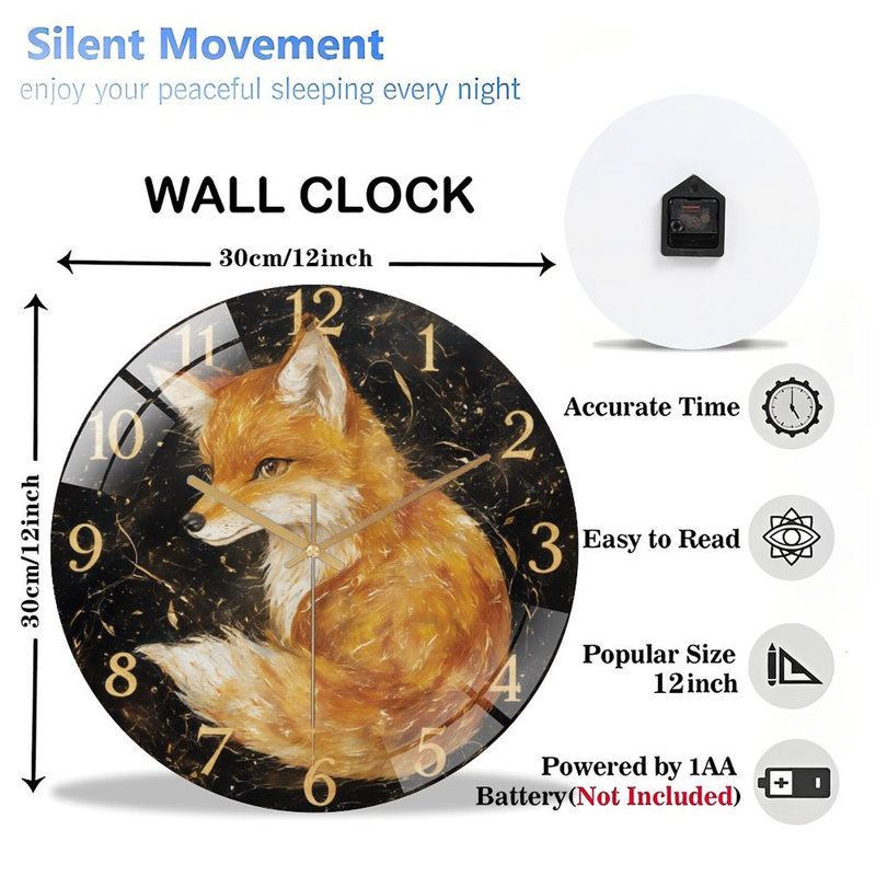 Horloge murale avec renard et chiffres - horloge murale moderne en verre 12 po