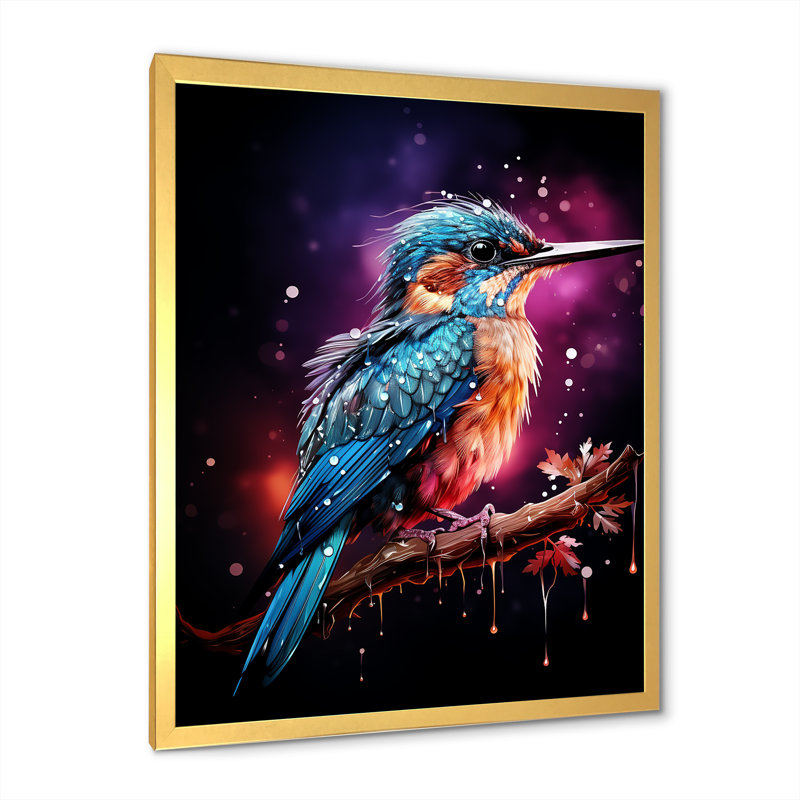 «Blue Humminbird Twilight - Colibri», art mural, Encadrement doré, H 20 po x l 12 po x P 1 po