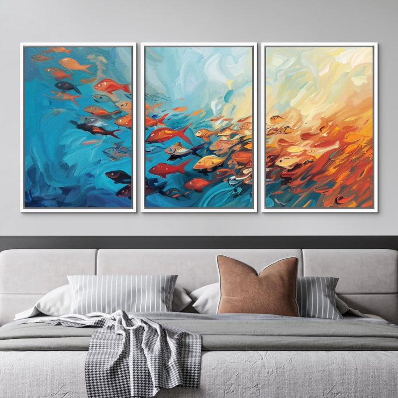 Fishes " Vibrant Orange Blue A School Of Fish Nautical Ocean Modern Art Beachy Decor Chic Living Room " 3 - Pieces, White