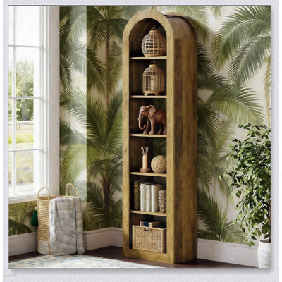 Bibliothèque rustique ouverte arquée avec 6 tablettes à niveaux, idéale pour le rangement élégant et la présentation dans n'importe quelle pièce