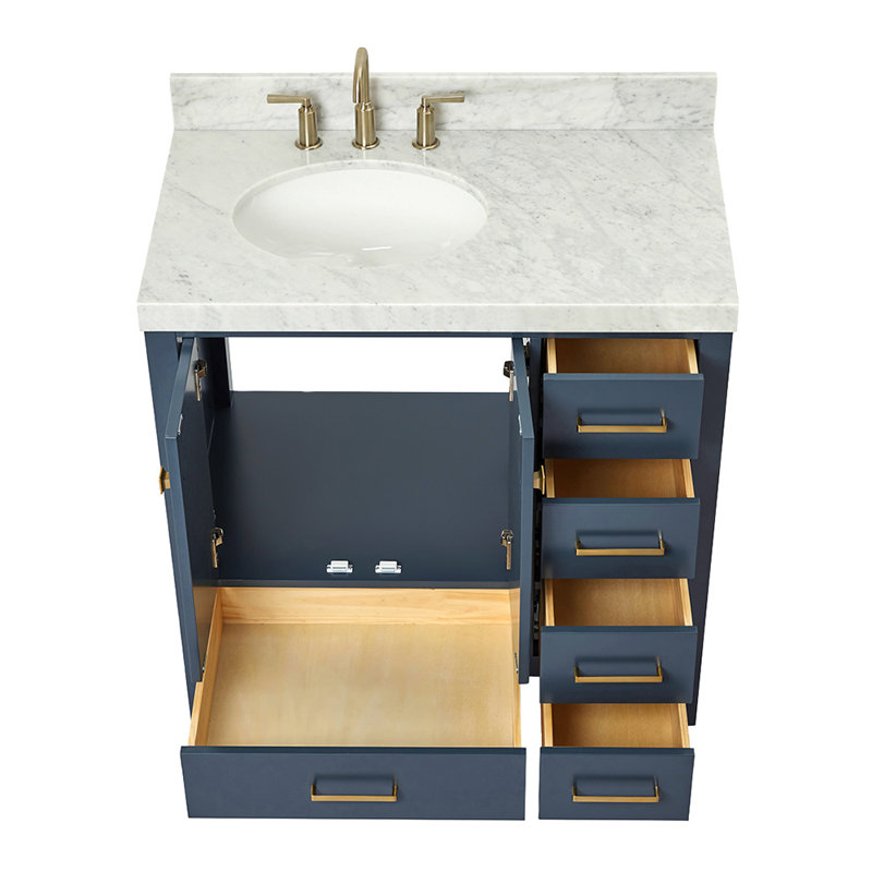 Ariel Cambridge 36 In. Right Offset Vanity With 2 In. Carrara Marble Countertop, Midnight Blue
