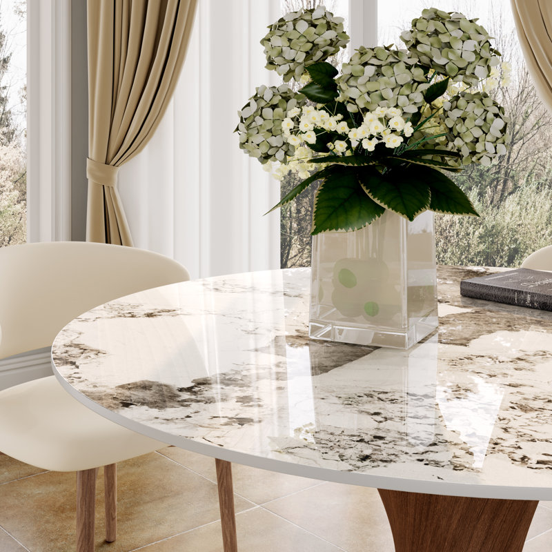 Table de salle à manger Sintered Stone, Glossy Amber, 29.53"H x 47.24"L x 47.24"W, Noyer foncé