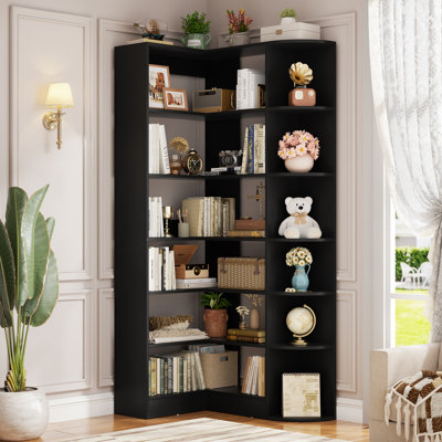 6 Tiers Corner Bookshelves With Baffle, 71" L-Shaped Bookcase With Open Storage by Latitude Run