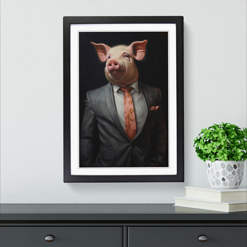 Pig In A Suit No.3 - Single Picture Frame Print on Wood, 34cm H x 25cm W x 2cm D, Black
