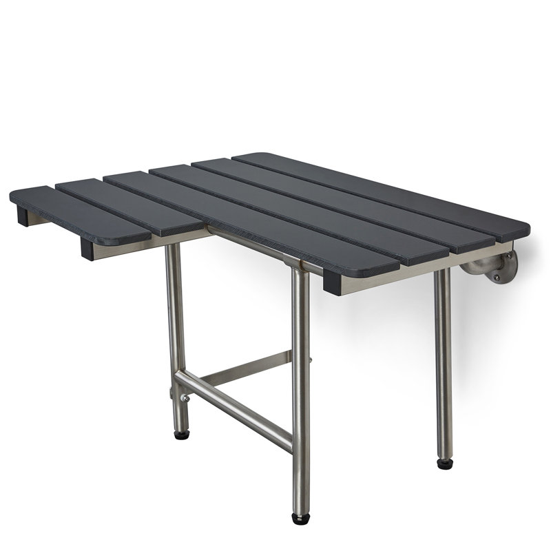 32-inch x 22.5-inch ADA Bariatric Wall Mount Folding Transfer Bench Shower Seat with Legs, Right-Handed, Black Slatted Phenolic Seat