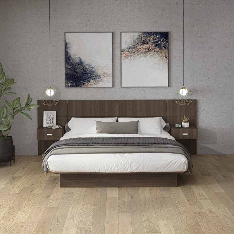 Katsuki Bedroom Platform Bed with Headboard and Nightstands (2) – Easy Assembly, No Box Spring Required, Walnut, King
