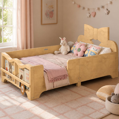 Structure de lit pour enfants avec tête de lit Bowknot, garde-corps et bibliothèque, simple, naturel