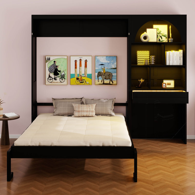 Lit escamotable Murphy avec armoire arquée, cadre de lit mural pliable à DEL avec tiroir, Noir