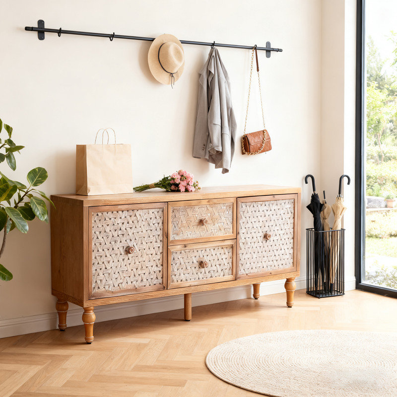 Meuble télé Mid-Century Rattan