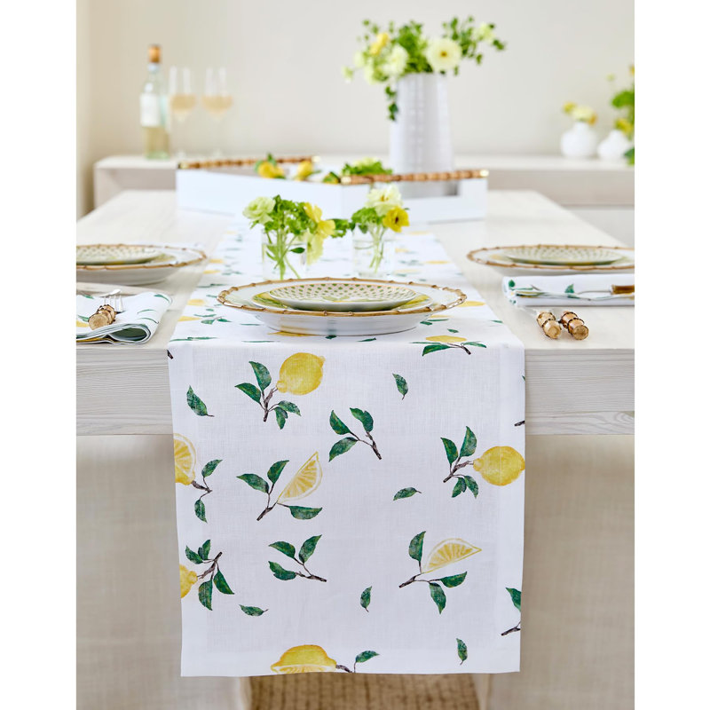 Botanical Lemon - 100% Pure Linen Table Runner, Botanical Lemon/White, 36" x 14"