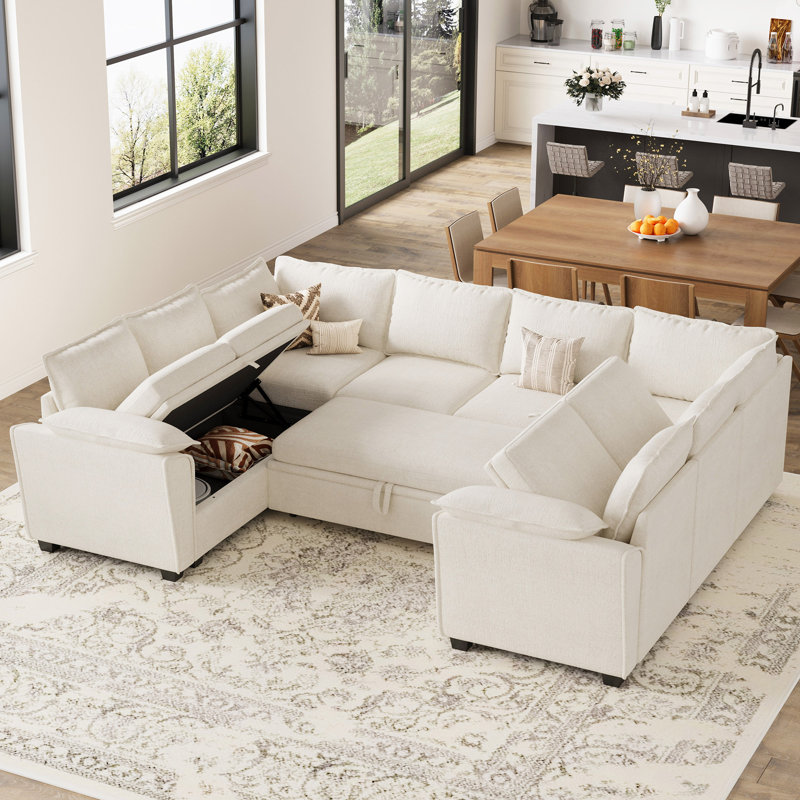 Large Chenille U-Shaped Storage Sectional Sofa King Pull Out Sofa Bed Sleeper Livingroom Bedroom Apartment Corner Couch