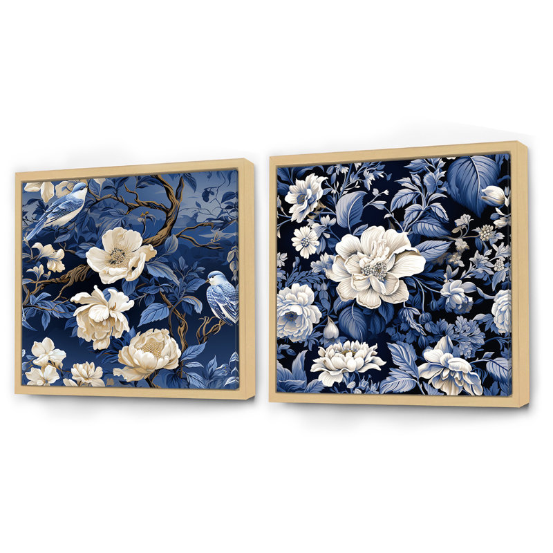 Matteo - Ensemble de 2 collages floraux carrés, Cadre flottant brun, H 36 po x l 73 po