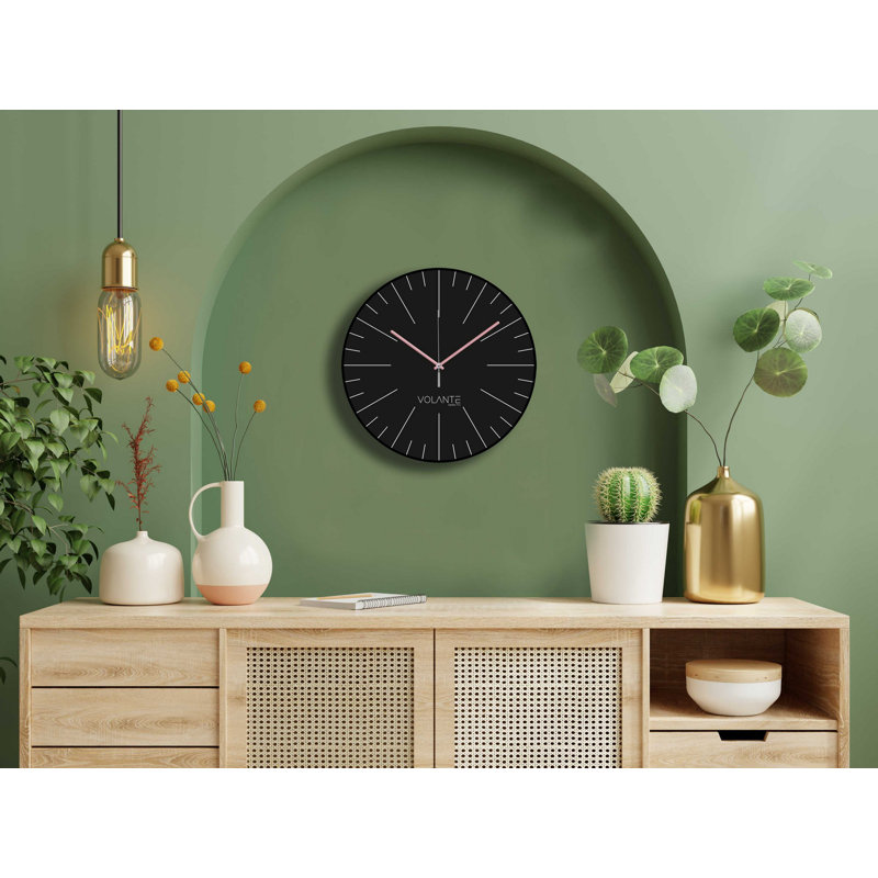 Modern Decorative Wall Clock, Black & Pink, 13.8 x 13.8 inches | 100% Plastic Frame with Real Glass Cover, Thickness: 1.8 inches | Stylish Home Decor for Living Room, Bedroom & Office, Eye-Catching Design