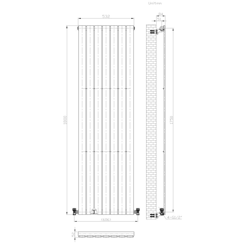 iBathUK Belgravia Vertical Single Slim Flat Panel Radiator Angled Valve, White, 1800cm H x 532cm W x 52cm D