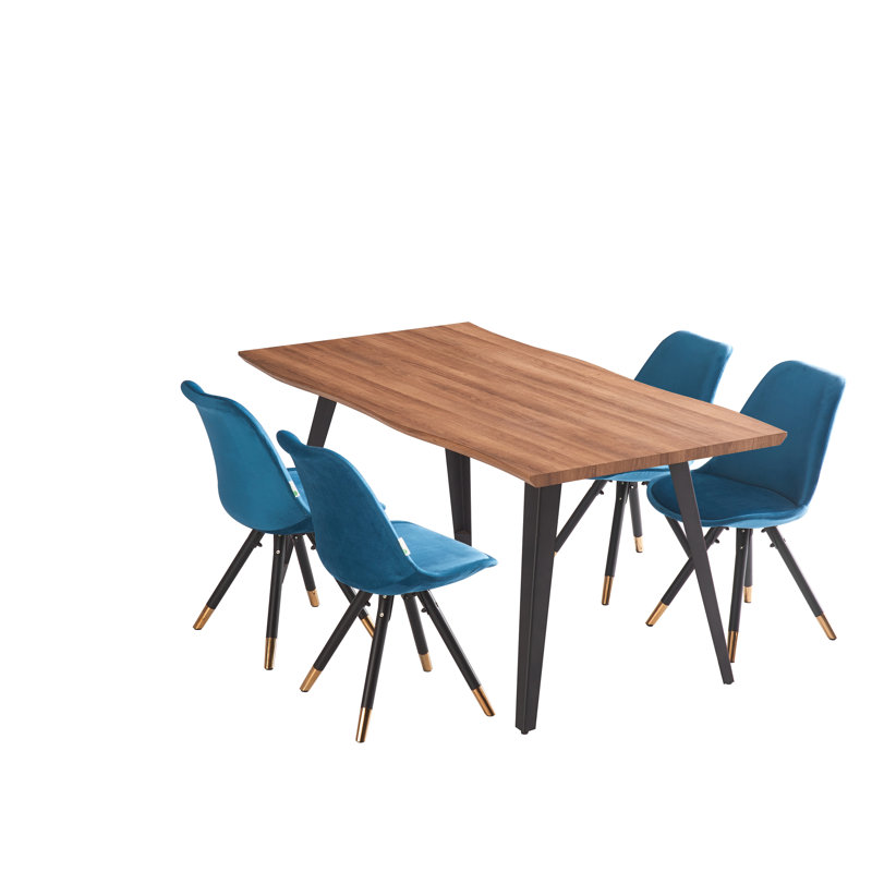 Gruffudd 4 Person Dining set - a Rectangular Wooden Dining Table with Metal Legs and a Set of 4 Quilted Velvet Dining Chairs for Dining Room - Modern Dining Table Set