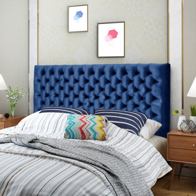 Tête de lit pour grand lit en velours bleu marine, tissu d'ameublement à point losangé, tête de lit réglable et contemporaine en velours, lit, style moderne