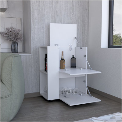 Bar Cart Two Pull-Down Door Cabinets And Two Open Shelves,White