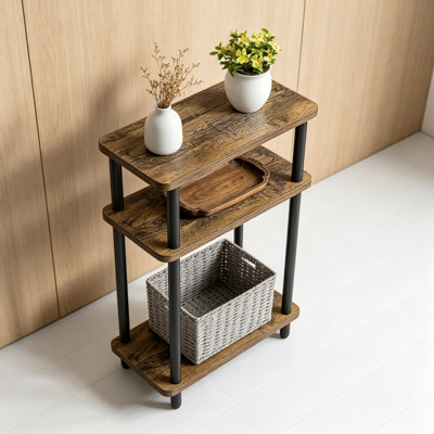 Narrow Side Table with Fabric Basket, 7 Inch Wide 3 Tier Skinny End Table, Slim Nightstand Bedside Table with Wood Legs and Adjustable Feet for Small Spaces