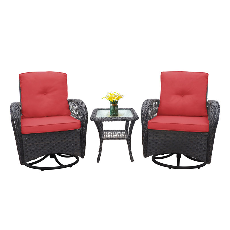 Ensemble de conversation 3 pièces, ensemble bistro de patio pivotant en osier, chaise berçante avec plateau en verre, rouge