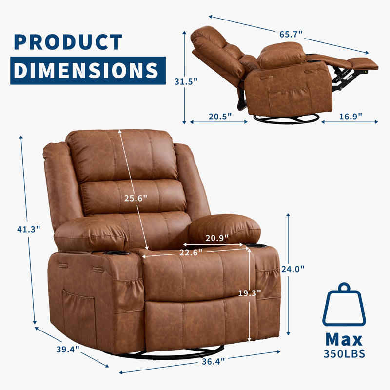 Oversized Swivel Recliner Chair with 360° Rotation, Manual Reclining, Cup Holders & Side Storage, PU Leather Upholstery