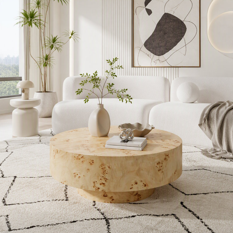 Table basse ronde en bois de style moderne du milieu du siècle avec placage en loupe de bois, 39.1 lbs, Natural