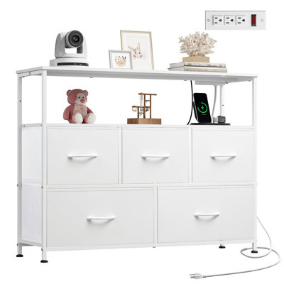 Commode 5 tiroirs avec station de charge, meuble télé avec tablette ouverte et prise de courant pour téléviseur de 45 po, commode de salon, placard, entrée