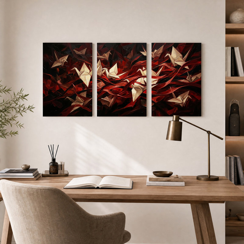 Grues en origami blanches sur fond rouge abstrait - Ensemble de 3 toiles murales, H 24 po x l 16 po x 3 pièces