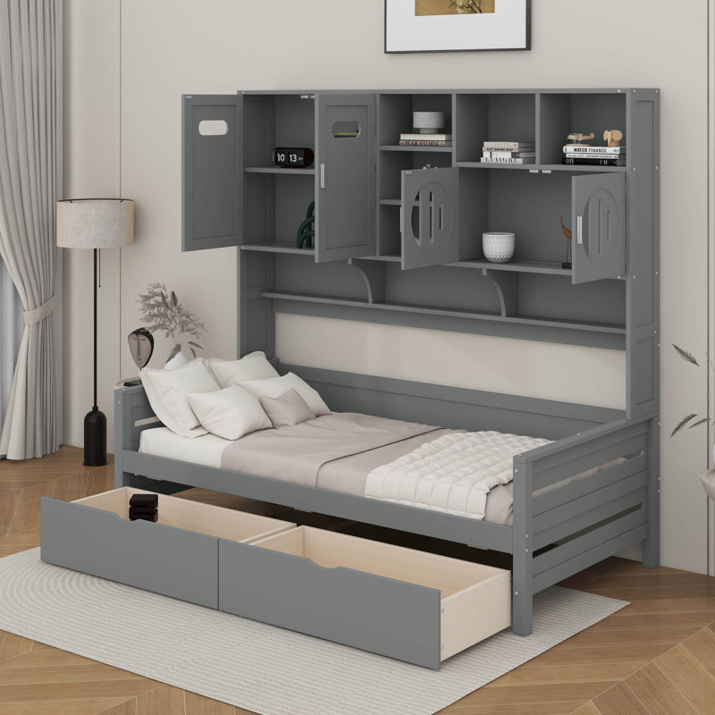 Lit de jour simple en bois avec tiroirs, Gris