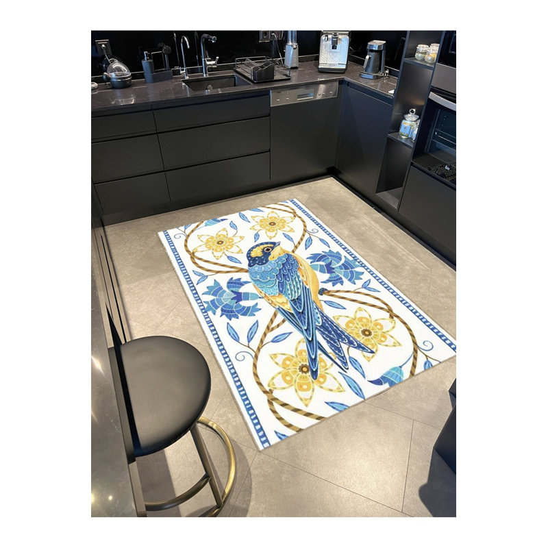 Tapis jaune lavable à motif floral jaune et hirondelle, Tapis de couloir 3 pi 3 po x 9 pi 10 po