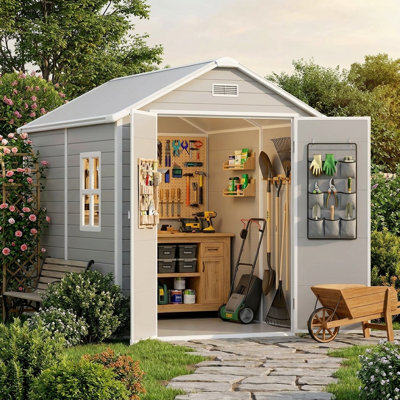 Resin Outdoor Storage Shed with Reinforced Floor, Lockable Door & Vent, All Weather Waterproof Plastic Tool Shed for Backyard Patio Lawn Garden